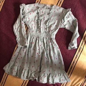 Girls' Mint Green Heart Print Ruffle Dress